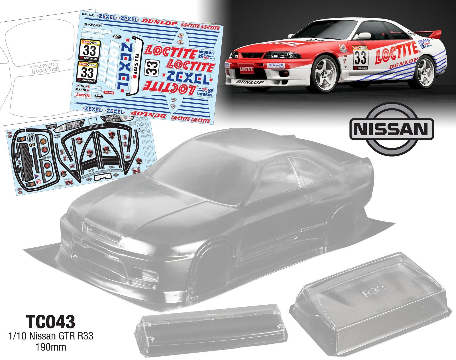 1/10 Nissan GTR R33 TC043 190mm  透明PC车壳  附尾翼 运费6元