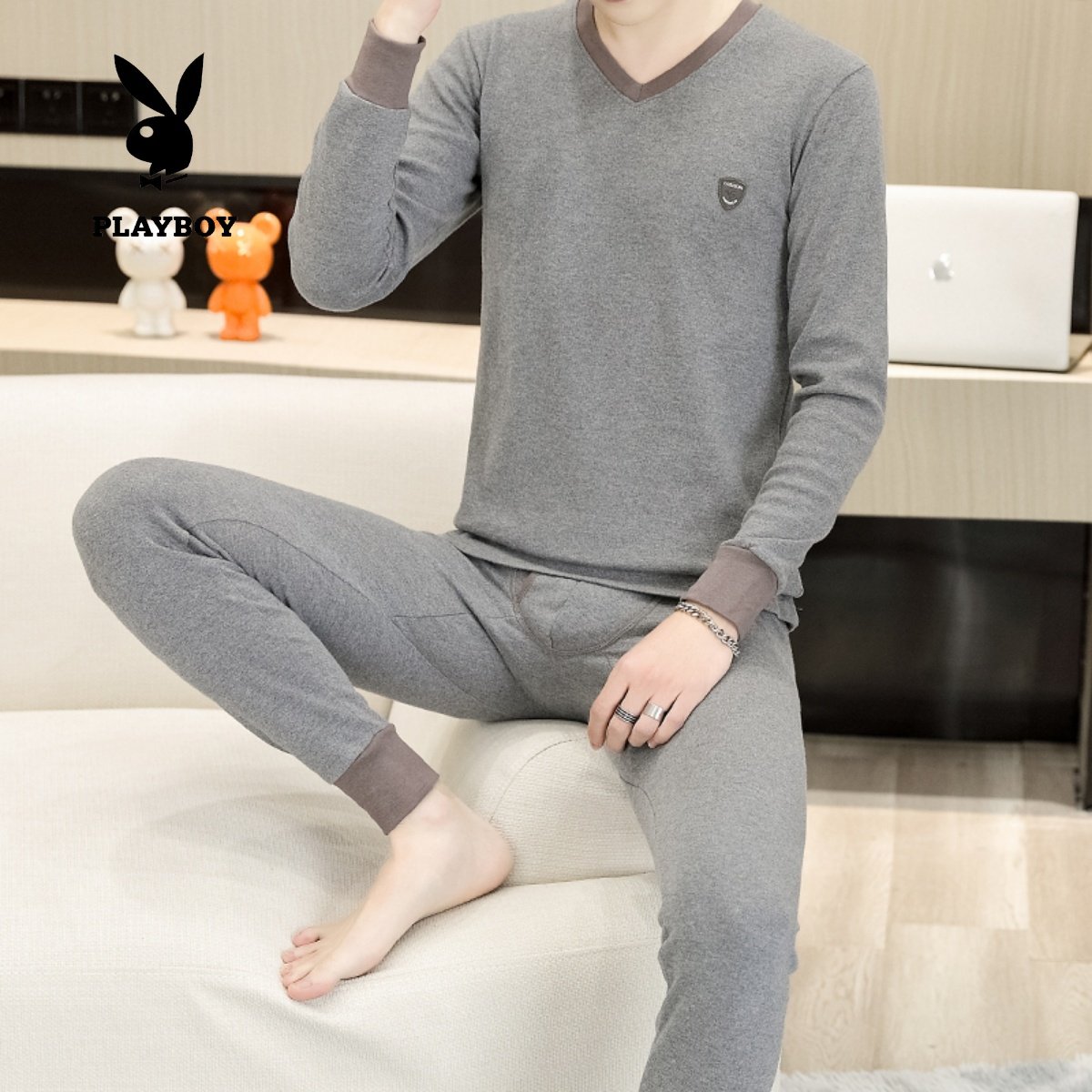 花花公子新款 V领纯棉保暖内衣套装男士高端修身秋衣秋裤打底套装