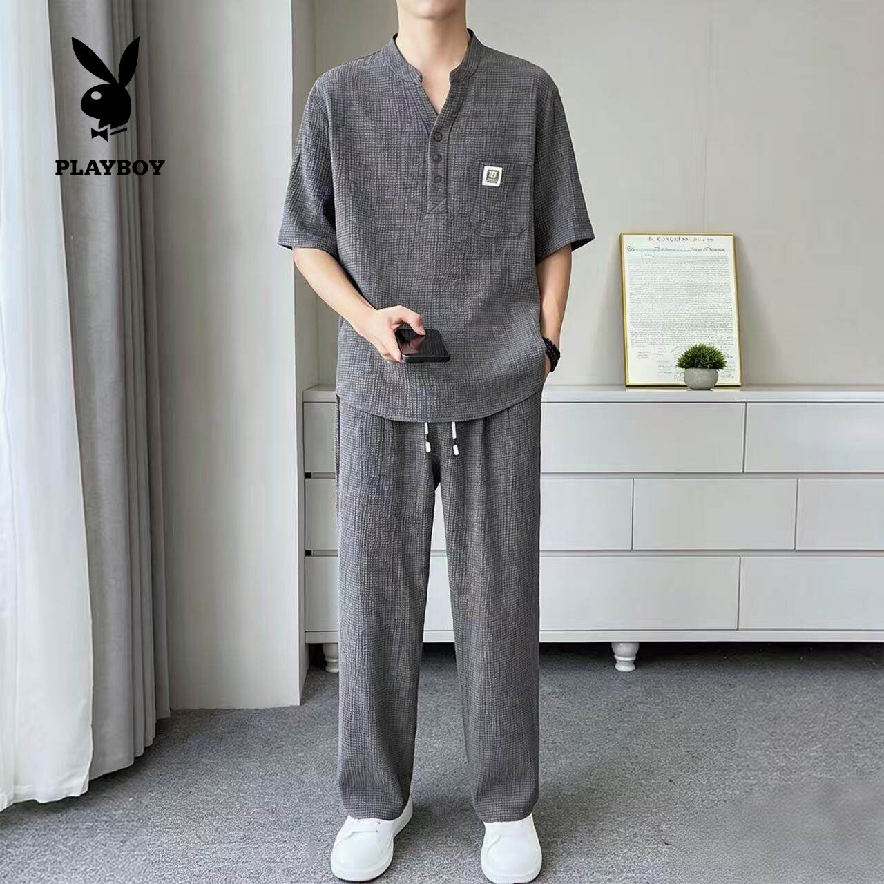 花花公子休闲运动套装夏季新款中国风立领短袖长裤子穿搭一整套男