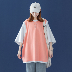 2022 夏季新 假两件圆领短袖T恤男撞色上衣女T500 P35控48图片