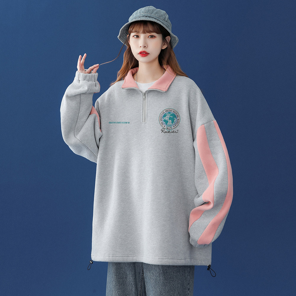 中性 秋季新款撞色宽松polo立领卫衣男女新B6203 P55控68图片