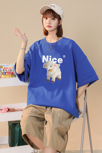 中性   夏季宽松圆领纯棉短袖小羊NICE印花男女 T6034 P25控38图片