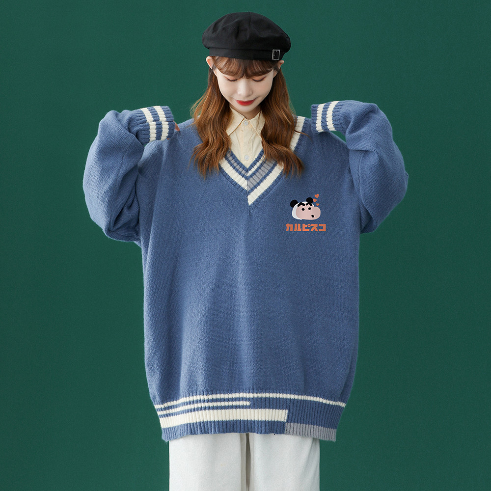 中性风秋冬宽松V领学院毛衣男女针织衫潮新上衣 M6113 P65控78图片