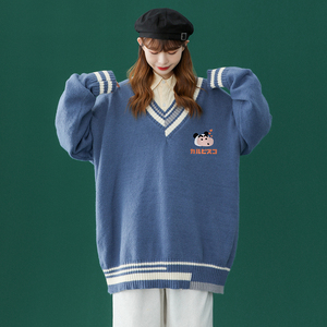 中性风秋冬宽松V领学院毛衣男女针织衫潮新上衣 M6113 P65控78图片