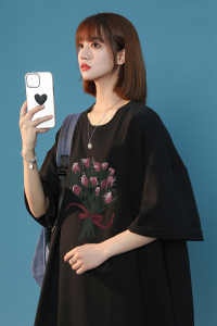 中性风  夏季宽松圆领纯棉短袖花朵印花男女 潮 T6037 P25控38图片