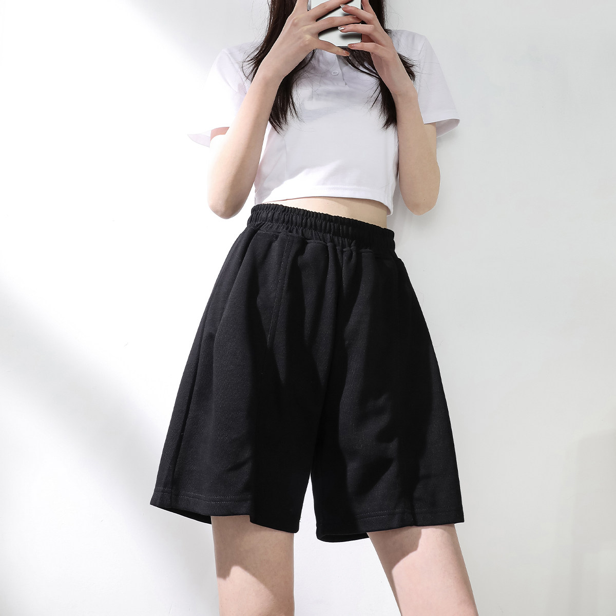 中性白墙 夏季新款宽松垂感运动休闲短裤男女短裤情侣D14 P35控48图片