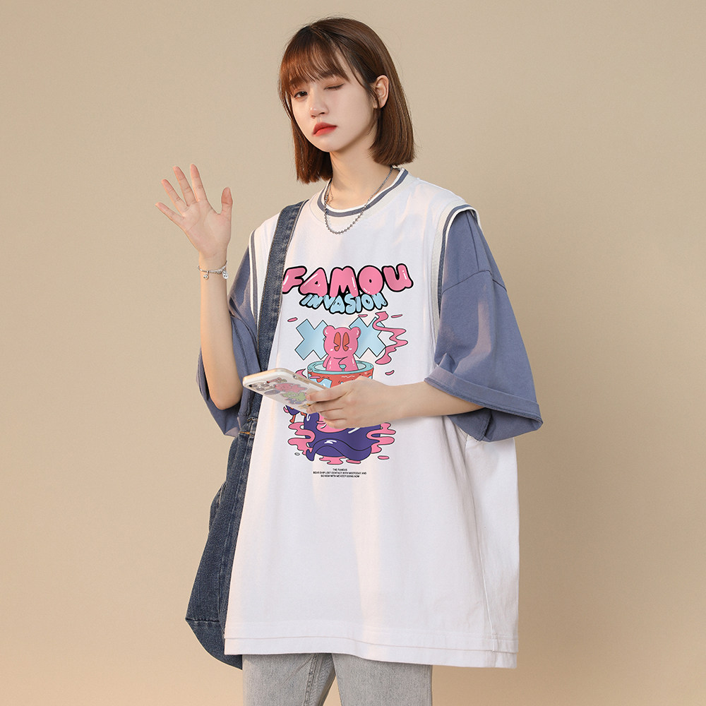 中性风  夏季新款宽松圆领假两件涂鸦印花短袖 T6612 P40控58图片