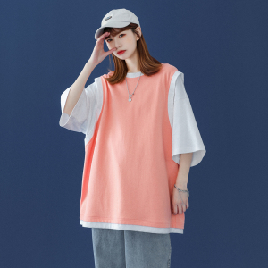 2022 夏季新 假两件圆领短袖T恤男撞色上衣女T500 P35控48图片