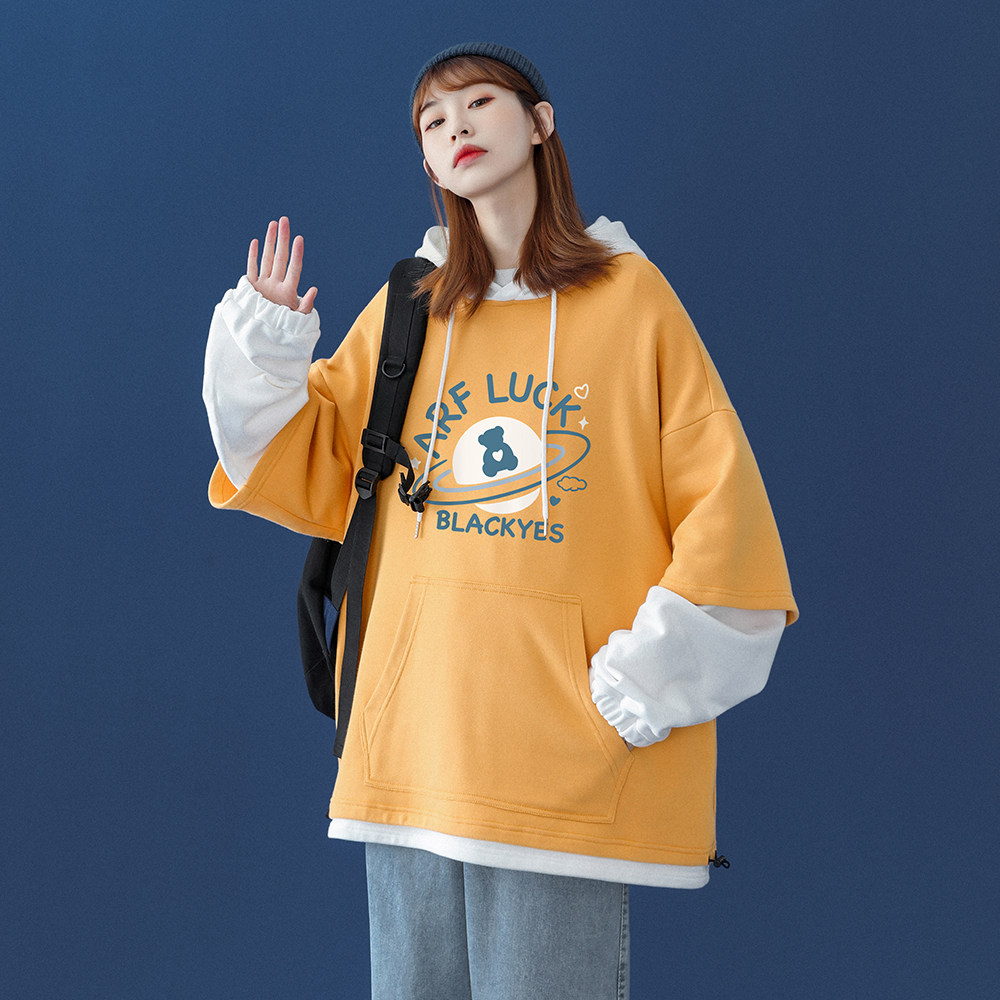 中性秋季潮流撞色宽松假两件连帽卫衣女新W6704P55控68,女装卫衣/绒衫,电商A268