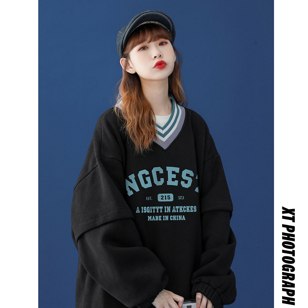 中性秋季潮流新款宽松撞色V领学院卫衣男女B6252P55控68，男装卫衣，电商A268