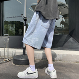 港风夏季宽松休闲牛仔裤子男女小熊满印短裤A623P45控58，男装牛仔裤，电商A268