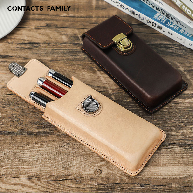 现货全粒面头层牛皮笔盒3支装手工制作个性创意可拆卸钢笔收纳盒