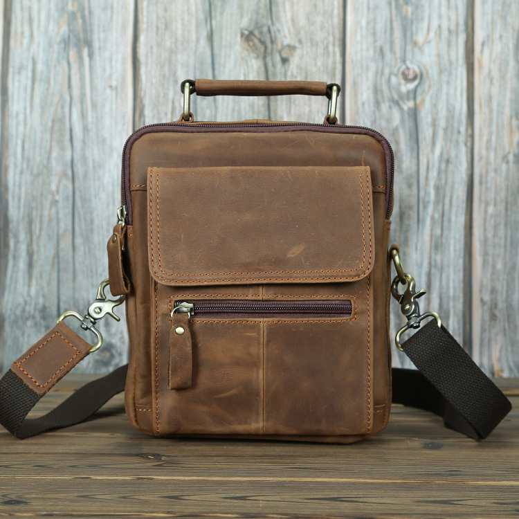 单肩包 男士皮包 疯马皮斜挎包 休闲复古大容量真皮男包 跨境新品