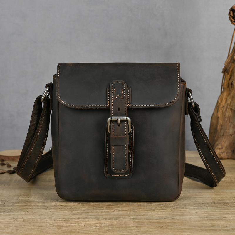 头层复古疯马皮男士单肩包休闲牛皮男包单肩斜挎包 男生挎小包包