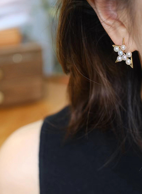 流素losu   925银五角星天然珍珠个性耳钉