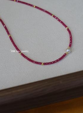 天然红宝石珍珠项链女S925