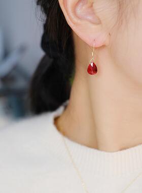 流素losu.925银天然石英石浓郁红色水滴耳环耳钉