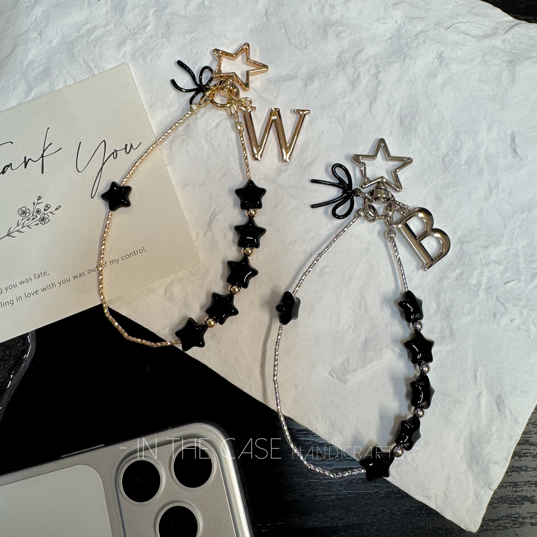 黑色小星星金银线串珠防摔手机链