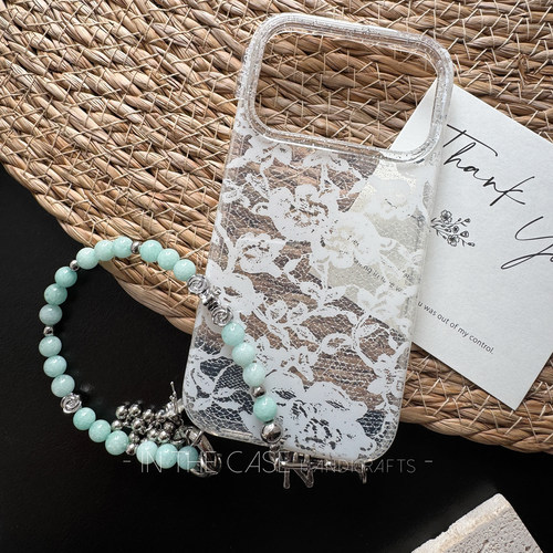 薄荷绿玉髓珠链iphone蕾丝手机壳
