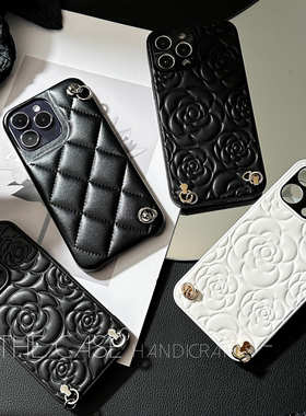 InTheCase 气质时髦iphone17promax少女ins柔软手感仿羊皮质立体山茶花可挂链商务情侣全包手机壳适用苹果13