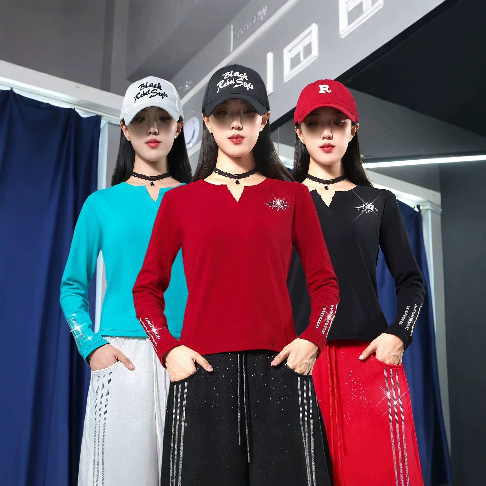 秋冬新款长袖广场舞服装纯色简约百搭女V领显瘦舞蹈服健身服上衣