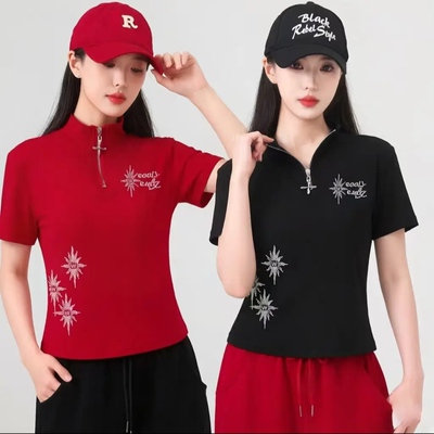 2026夏季新款广场舞服装上衣棉烫钻立领短袖舞蹈服跳舞表演跳操服