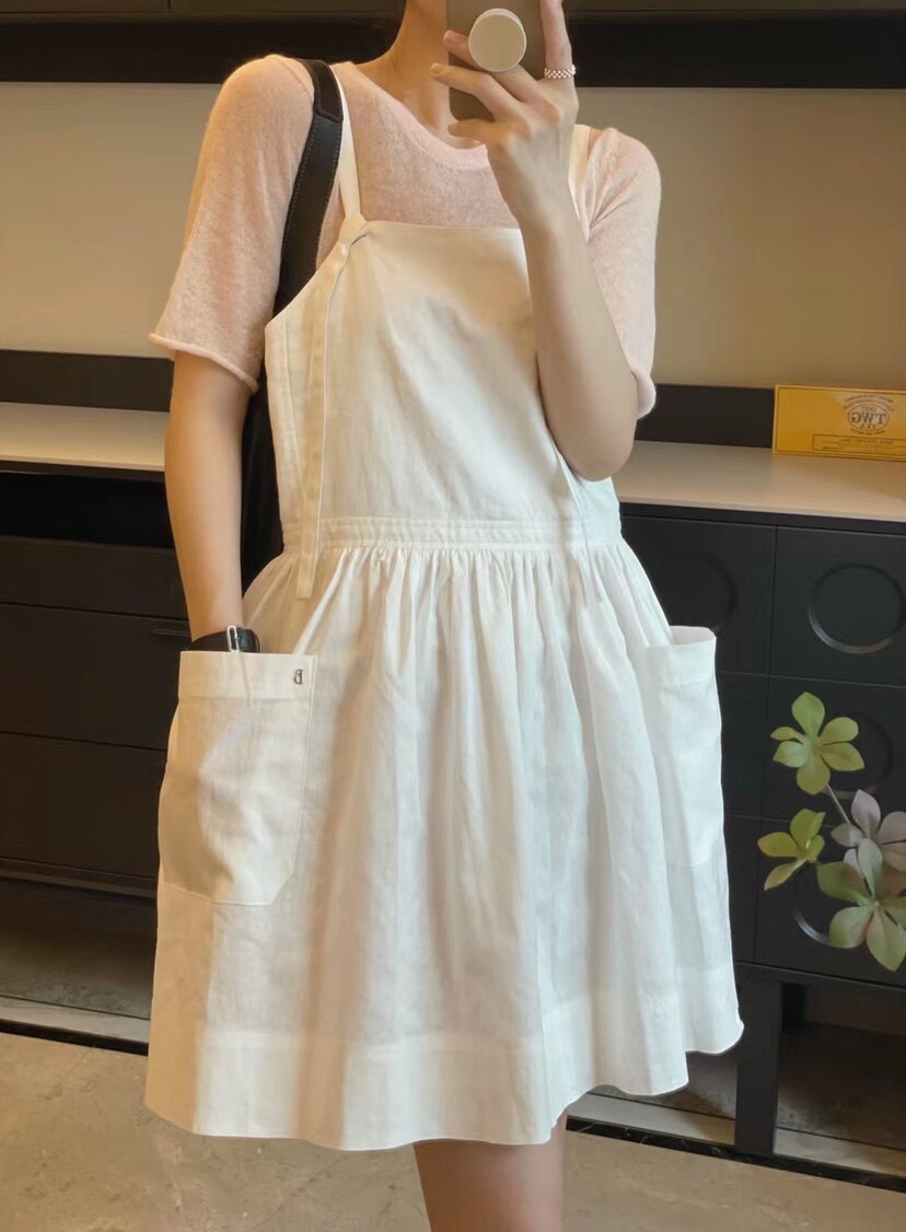 armoirelin大林/亚麻吊带短裙口袋褶皱裙子韩版白色背带裙纽扣女
