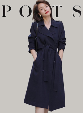 大牌2026春秋季女轻奢高级感藏青色系带风衣气质中长款小个子外套