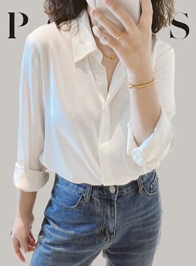 正品春秋季女装桑蚕丝白色衬衫气质polo长袖高级感真丝OL职业上衣