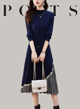 大牌2026秋冬季法式半高领通勤打底羊毛针织连衣裙系带收腰百褶裙