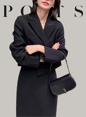 大牌2026秋季女松弛高级感显瘦黑色西装外套气质直筒半身裙两件套
