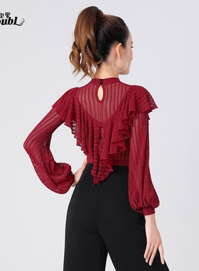 丹宝罗女士上衣泡泡袖拉丁舞服红色高领荷叶边女摩登舞练功服上装
