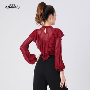 丹宝罗女士上衣泡泡袖拉丁舞服红色高领荷叶边女摩登舞练功服上装