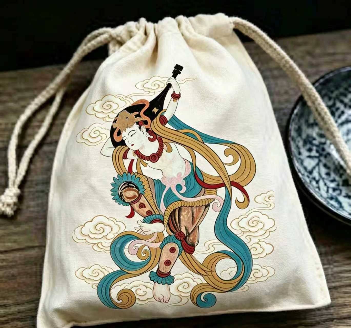 和芮新品敦煌国潮风飞天主题帆布束口袋收纳袋抽绳袋文创礼品袋