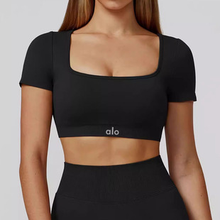 ALO带胸垫镂空美背短袖 户外跑步健身普拉提运动上衣 瑜伽服女修身