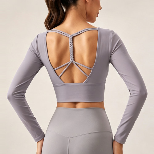 ALOUSAYOGA带胸垫短款U领长袖健身服上衣女镂空美背普拉提瑜伽服