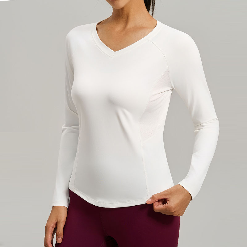 ALOUSAYOGA修身显瘦V领瑜伽服长袖高弹网纱透气跑步运动健身T恤女