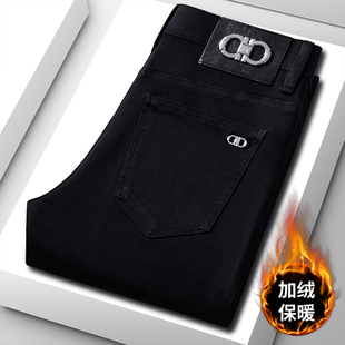 2025新款秋冬加厚弹力高端黑色牛仔裤男款加薄绒小直筒修身高腰裤