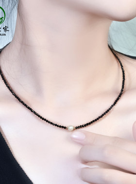 黑尖晶项炼女尖晶石锁骨炼黑色水晶颈炼 炼 2025年新款爆款小珍珠