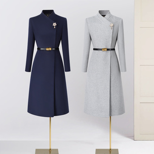 冬季加厚加绒职业大衣女中长款灰色前台物业金店珠宝店毛呢外套
