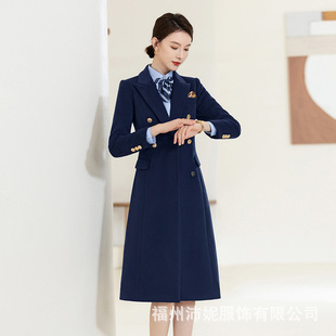 冬季加厚保暖藏青色呢子大衣女中长款职业装珠宝店毛呢外套女大衣