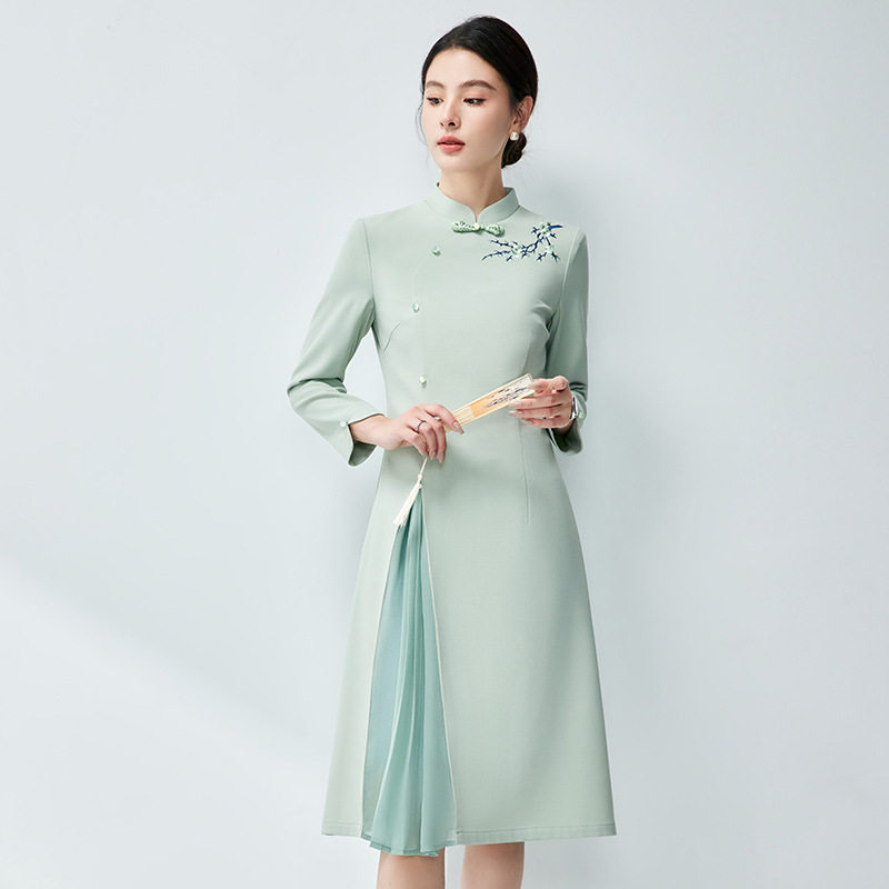 新中式复古国风职业连衣裙女茶楼礼仪会务接待新改良旗袍工作服秋