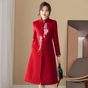 新款冬季加厚毛呢大衣女中长款红色喜庆中式风酒店礼仪迎宾工作服