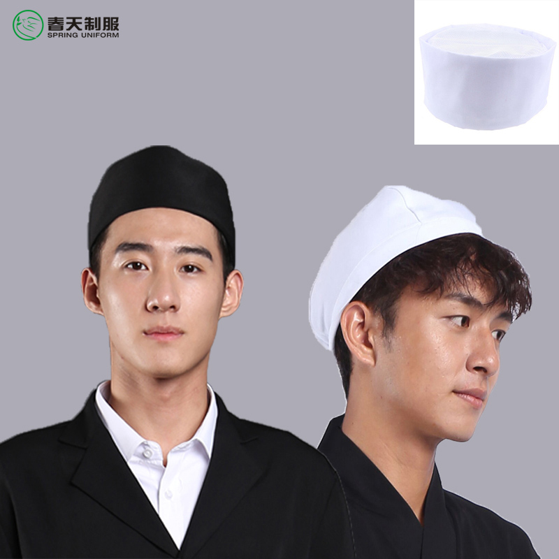 料理店工作帽黑色白色透气网纱日式头巾寿司帽厨师帽后系带帽子