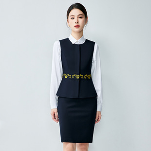 中式风职业套装女西装秋冬装马甲酒店前台接待售楼部珠宝店工作服