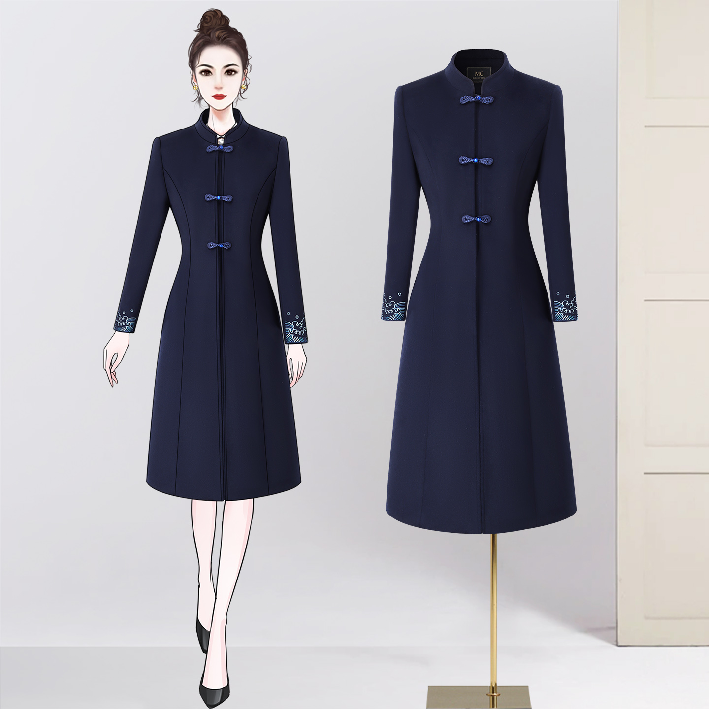 冬季加厚新中式国风女大衣中长款茶楼酒店前台接待毛呢外套工作服
