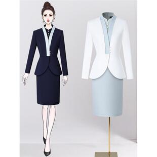 中式国风立领连衣裙长袖女职业装套装两件套茶楼酒店服务员工作服