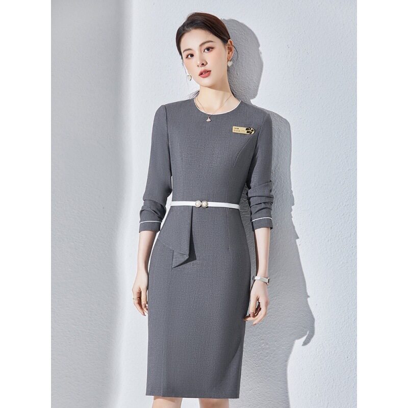 OL职业装灰色连衣裙长袖春秋装酒店物业前台4S店售楼部工作服女