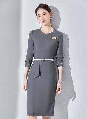 OL职业装灰色连衣裙长袖春秋装酒店物业前台4S店售楼部工作服女