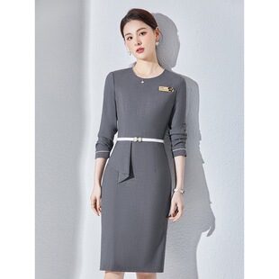 OL职业装灰色连衣裙长袖春秋装酒店物业前台4S店售楼部工作服女